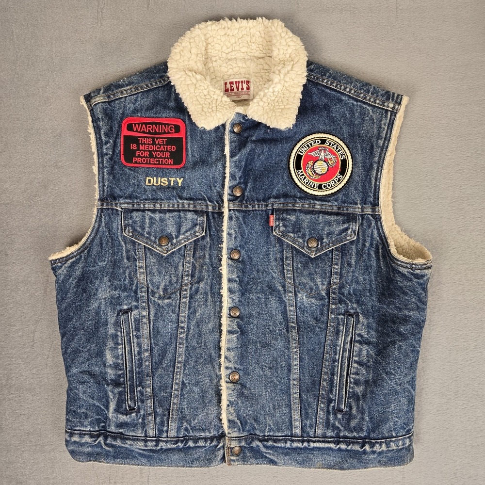 VTG 80s Levi's Vest Mens XL Blue Sherpa Lined Denim Trucker Marine Corps Patches